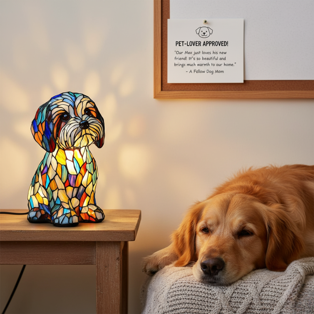 Luminous Canine Companions in Stained-Glass Light