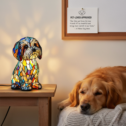 Luminous Canine Companions in Stained-Glass Light