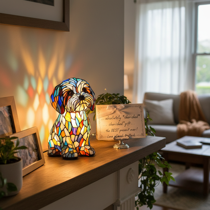 Luminous Canine Companions in Stained-Glass Light